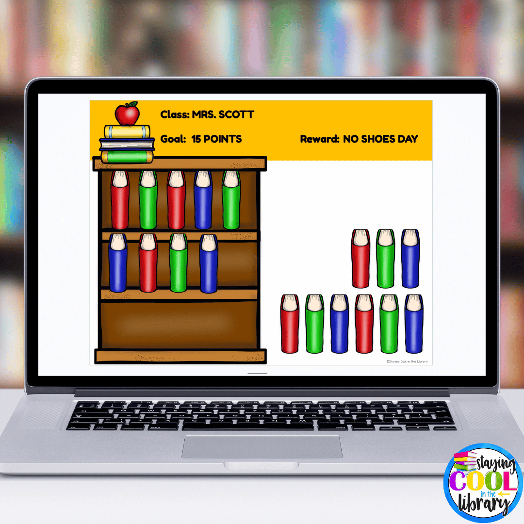 This image shows a digital rewards system for librarians. Students will earn points with good behavior and the librarian will move digital books into the digital bookcase to represent the points.