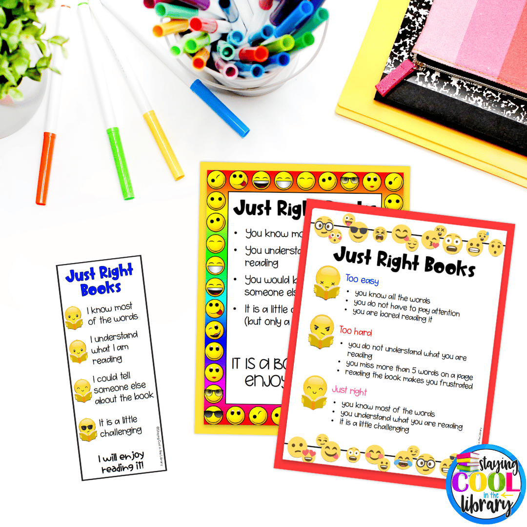 Emoji themed just right books posters and bookmarks can be found in the VIP Free Resource Library.