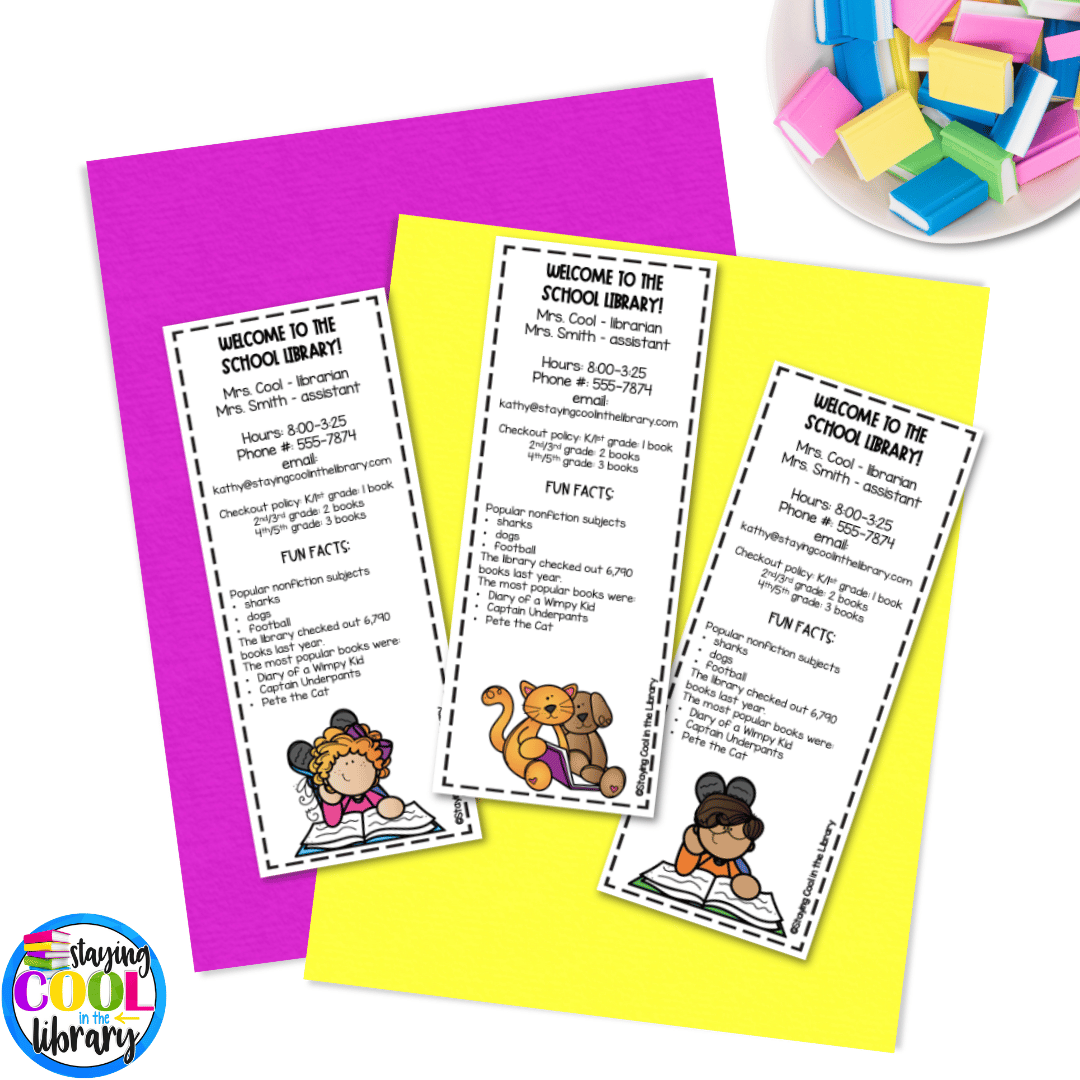 Handing out bookmarks at a library open house allows parents to learn more at their own convenience.