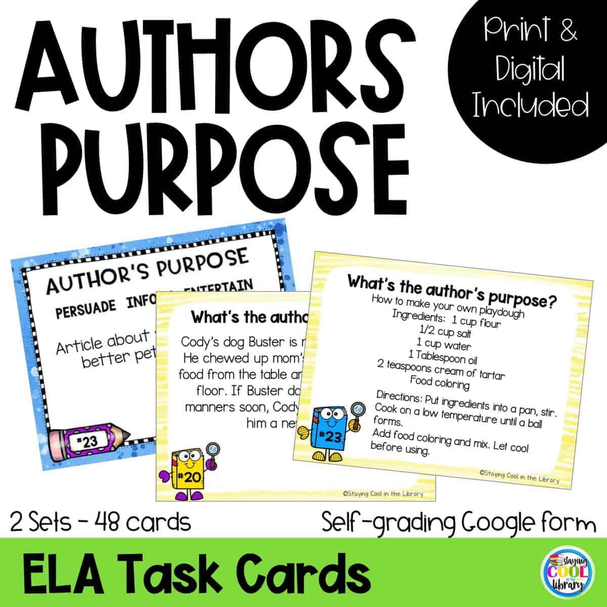 Author's Purpose Task Cards 28 Task Cards Game Board 