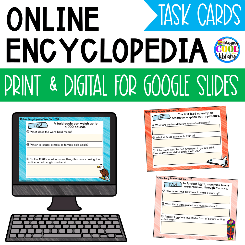 Online Encyclopedia Research Task Cards - Print and Digital Google Slides